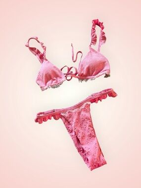 Pink Ruffle Eyelet Lace Bikini Set - Womens swim, size small